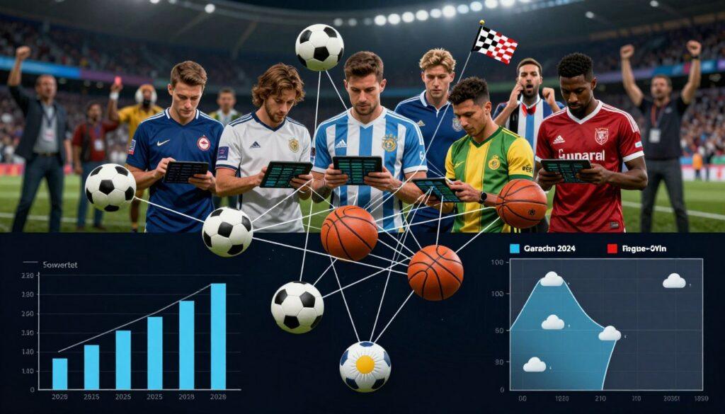 A dynamic visualization of covariance clusters in sports betting, showcasing various sports icons like footballs, basketballs, and racing flags interconnected by graphical lines representing correlations. In the foreground, a stylized bar graph and scatter plot illustrate the effects of weather, injuries, and team rotations on betting patterns. The middle ground features clusters of athletes in professional sports attire, examining data on tablets. The background presents a blurred stadium atmosphere with people cheering, capturing the excitement of live sports. The lighting is dramatic yet balanced, with sharp contrasts highlighting key elements. The mood is analytical yet energetic, emphasizing the interplay between data analysis and the thrill of betting. A dynamic visualization of covariance clusters in sports betting, showcasing various sports icons like footballs, basketballs, and racing flags interconnected by graphical lines representing correlations. In the foreground, a stylized bar graph and scatter plot illustrate the effects of weather, injuries, and team rotations on betting patterns. The middle ground features clusters of athletes in professional sports attire, examining data on tablets. The background presents a blurred stadium atmosphere with people cheering, capturing the excitement of live sports. The lighting is dramatic yet balanced, with sharp contrasts highlighting key elements. The mood is analytical yet energetic, emphasizing the interplay between data analysis and the thrill of betting.