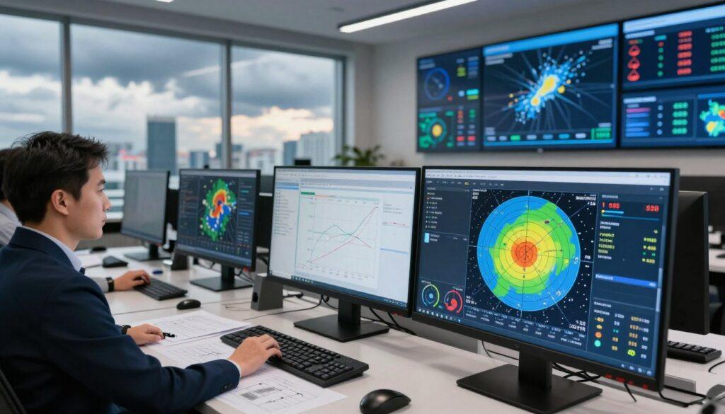 A high-tech weather analysis workstation in a modern office environment. In the foreground, a sleek digital display shows various weather model tools, including radar maps, temperature gauges, and animated forecasts. To the left, an expert meteorologist in professional attire, focused on the screens, with notes and graphs scattered on the desk. In the middle ground, a large window reveals a panoramic view of cityscapes under changing weather conditions, with dark clouds and patches of sunlight. The background features smart wall displays showcasing real-time weather data and analytics. Soft, diffused lighting enhances the futuristic ambiance, highlighting the high-tech tools and the professional atmosphere. The overall mood is one of focus and innovation, emphasizing the importance of technology in weather forecasting and analysis.