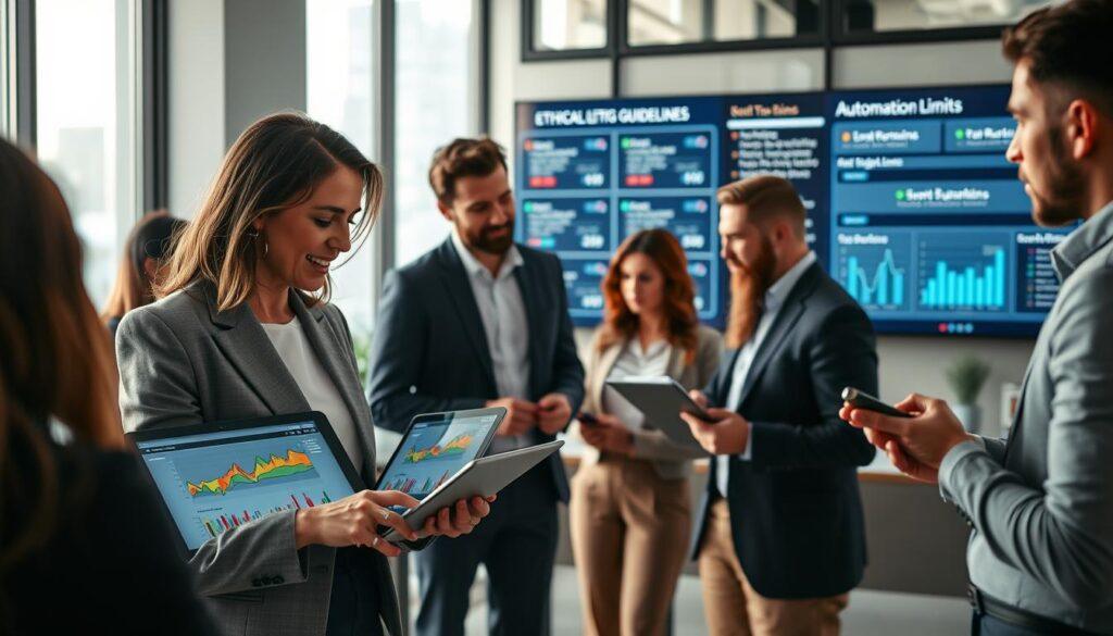 A modern office setting with a professional, diverse group of individuals engaged in a collaborative discussion around sports betting analytics. In the foreground, a middle-aged woman in business attire is pointing at a digital tablet displaying colorful graphs and charts, while a young man beside her takes notes. In the middle ground, a large wall-mounted screen shows ethical guidelines and legal frameworks related to betting. The background features a glass wall with a cityscape view, suggesting a dynamic atmosphere. Soft, natural lighting flows in from large windows, creating a bright and encouraging environment. The mood reflects professionalism and responsibility, with focus on data rights and automation limits, emphasizing ethical considerations in the realm of sports betting analytics.