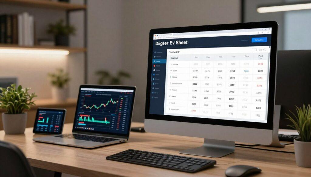 A modern, sleek workspace featuring a digital teaser EV sheet calculator displayed prominently on a high-resolution computer screen in the foreground. The calculator interface shows various betting options, odds, and calculations, with a clean and user-friendly design. In the middle, there are various financial betting tools and charts, illuminated by soft, professional lighting that creates a focused atmosphere. The background includes blurred elements of a stylish office environment, such as shelves with business books and a potted plant for a touch of life, all under a warm, inviting light. The mood should convey professionalism, analytical focus, and a sense of clarity in understanding betting mathematics.