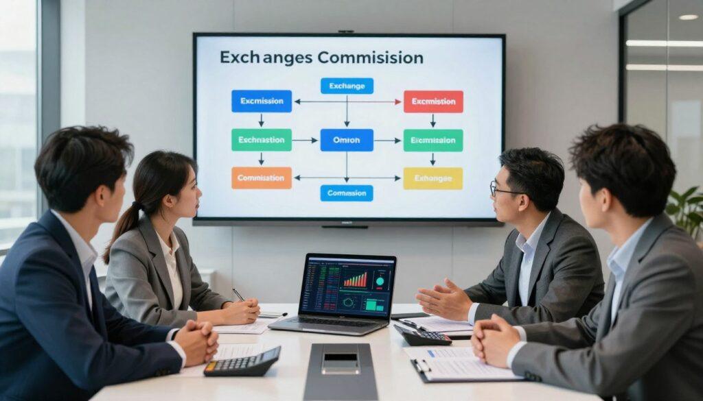 A professional business environment showcasing a detailed case walkthrough of exchange commission calculation in a sportsbook context. In the foreground, a diverse group of three professionals, two men and one woman, dressed in smart business attire, are engaged in focused discussion around a modern conference table cluttered with reports, calculators, and a laptop displaying complex graphs and data. In the middle, a large projection screen displays a flowchart illustrating the exchange commission calculation process. The background features a sleek office with large windows, allowing natural light to flood the room, highlighting the serious yet collaborative atmosphere. The setting conveys a sense of strategy and financial acumen, emphasizing clarity and professionalism. A professional business environment showcasing a detailed case walkthrough of exchange commission calculation in a sportsbook context. In the foreground, a diverse group of three professionals, two men and one woman, dressed in smart business attire, are engaged in focused discussion around a modern conference table cluttered with reports, calculators, and a laptop displaying complex graphs and data. In the middle, a large projection screen displays a flowchart illustrating the exchange commission calculation process. The background features a sleek office with large windows, allowing natural light to flood the room, highlighting the serious yet collaborative atmosphere. The setting conveys a sense of strategy and financial acumen, emphasizing clarity and professionalism.
