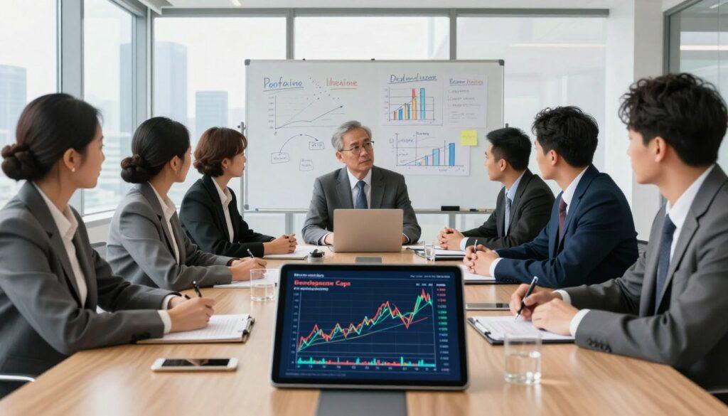 A professional financial setting featuring a modern office space with a large conference table surrounded by diverse business professionals in business attire, actively engaged in discussion. In the foreground, a digital tablet displays a financial graph illustrating hedging strategies and exposure caps, with colorful lines depicting data trends. The middle ground shows a whiteboard filled with notes and diagrams related to portfolio management and hedging techniques. The background reveals large windows with a city skyline, allowing natural light to illuminate the scene, creating a bright and focused atmosphere. The overall mood is one of collaboration and strategic planning, emphasizing the importance of managing exposure in a dynamic financial environment. A professional financial setting featuring a modern office space with a large conference table surrounded by diverse business professionals in business attire, actively engaged in discussion. In the foreground, a digital tablet displays a financial graph illustrating hedging strategies and exposure caps, with colorful lines depicting data trends. The middle ground shows a whiteboard filled with notes and diagrams related to portfolio management and hedging techniques. The background reveals large windows with a city skyline, allowing natural light to illuminate the scene, creating a bright and focused atmosphere. The overall mood is one of collaboration and strategic planning, emphasizing the importance of managing exposure in a dynamic financial environment.
