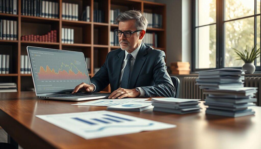 A professional office setting with a sleek wooden desk at the foreground, where a well-dressed analyst in business attire analyzes graphs and charts related to return on investment (ROI). The analyst, a middle-aged person with glasses, intensely examines data on a laptop screen displaying fluctuating return curves and sample size effects. In the middle ground, digital graphs rise in complexity, illustrating various streaks and ROI metrics in vibrant colors, alongside stacks of printed reports. The background features bookshelves filled with finance literature and a large window letting in soft, warm daylight, creating an atmosphere of focus and diligence. The composition should have a sharp focus on the analyst and the laptop, with a depth of field that gently blurs the background for a professional, engaging look. A professional office setting with a sleek wooden desk at the foreground, where a well-dressed analyst in business attire analyzes graphs and charts related to return on investment (ROI). The analyst, a middle-aged person with glasses, intensely examines data on a laptop screen displaying fluctuating return curves and sample size effects. In the middle ground, digital graphs rise in complexity, illustrating various streaks and ROI metrics in vibrant colors, alongside stacks of printed reports. The background features bookshelves filled with finance literature and a large window letting in soft, warm daylight, creating an atmosphere of focus and diligence. The composition should have a sharp focus on the analyst and the laptop, with a depth of field that gently blurs the background for a professional, engaging look.