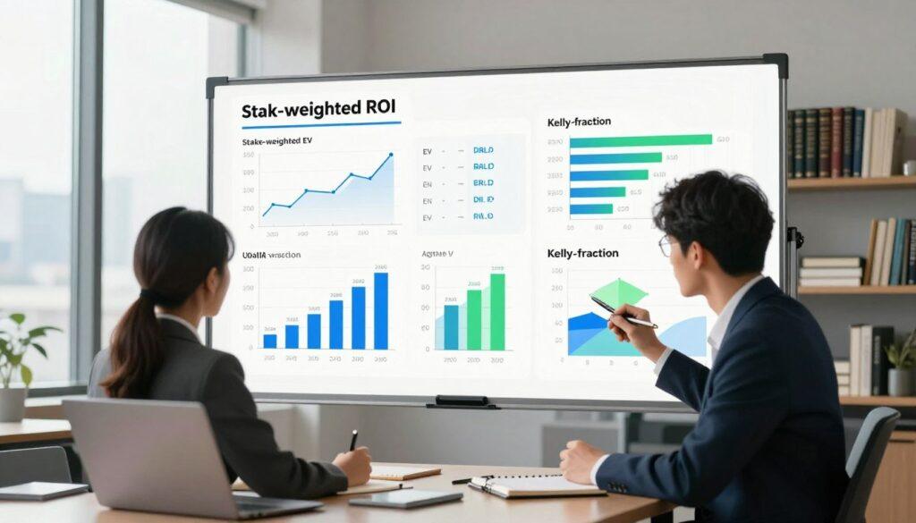 A sleek, modern office setting with a large digital whiteboard displaying colorful graphs and calculations related to stake-weighted ROI. In the foreground, a focused business professional in smart attire is analyzing data on a laptop, taking notes on a notepad. The middle ground features the digital whiteboard filled with visual representations of stake-weighted EV, unit vs dollar ROI, and Kelly-fraction charts, using vibrant colors like blue and green for clarity. Soft, natural lighting from large windows enhances the atmosphere, creating a productive mood. In the background, shelves stacked with financial books and a calm cityscape through the window add depth. The overall composition conveys a blend of professionalism and analytical rigor.