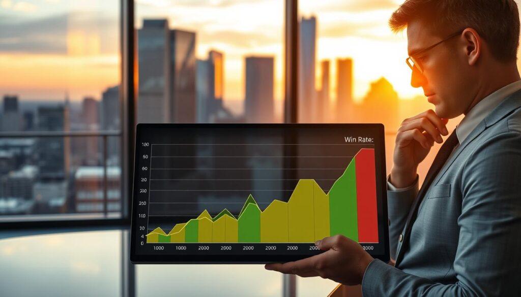 A sophisticated, informative depiction of variance in betting win rates and odds, featuring a background of a sleek office with large glass windows showing a city skyline during sunset, casting warm golden light into the room. In the foreground, a clear, detailed graph on a digital tablet displays fluctuating win rates against a backdrop of colorful odds represented in various shades, emphasizing the break-even points. A professional person in business attire, thoughtfully analyzing the data, is situated to the side, absorbed in the visuals. The atmosphere is one of focused analysis, with soft, ambient lighting complementing the warm colors of the setting sun, creating a feeling of professionalism and insight into essential betting metrics. A sophisticated, informative depiction of variance in betting win rates and odds, featuring a background of a sleek office with large glass windows showing a city skyline during sunset, casting warm golden light into the room. In the foreground, a clear, detailed graph on a digital tablet displays fluctuating win rates against a backdrop of colorful odds represented in various shades, emphasizing the break-even points. A professional person in business attire, thoughtfully analyzing the data, is situated to the side, absorbed in the visuals. The atmosphere is one of focused analysis, with soft, ambient lighting complementing the warm colors of the setting sun, creating a feeling of professionalism and insight into essential betting metrics.