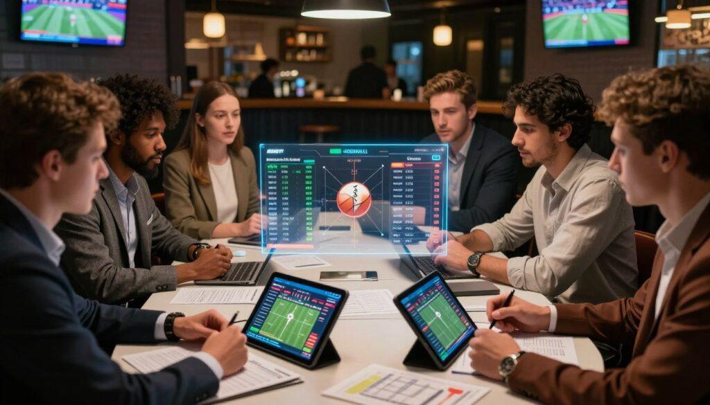 A strategic sports betting scene illustrating sport-specific teaser strategies. In the foreground, a diverse group of professional bettors, dressed in smart casual attire, gather around a sleek, modern table cluttered with sports betting sheets, charts, and digital tablets displaying betting lines for various sports. In the middle, a transparent overlay of betting statistics and graphs floats above the table, showcasing different sports nuances: football, basketball, and baseball. The background features a softly illuminated sports bar ambiance, with screens displaying live games and enthusiastic patrons. The lighting is warm and inviting, emphasizing focus and collaboration. The overall mood is analytical yet energetic, capturing the essence of strategic sports betting in a focused, professional setting.