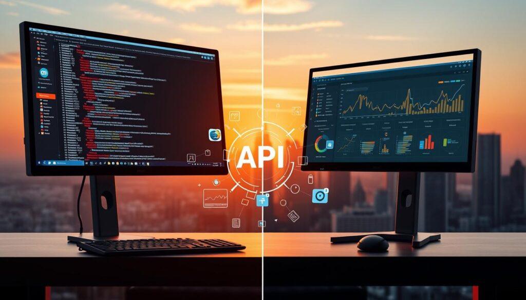 A detailed comparison of web scraping and API data ingestion, featuring a split scene. In the foreground, display a modern computer workstation with two monitors, one showcasing a web scraper interface filled with code and visual elements like browser windows, while the other displays an API integration dashboard with graphs and data flow charts. The middle ground should have a thematic representation of web scraping tools like headless browsers and proxies, visually depicted as digital elements floating around the workstation. In the background, illustrate a city skyline at sunset, symbolizing vast online data sources. Use soft, warm lighting to create an engaging atmosphere, emphasizing the convergence of technology and data analytics. The image should have a clean, professional look, ideal for a tech-savvy audience.