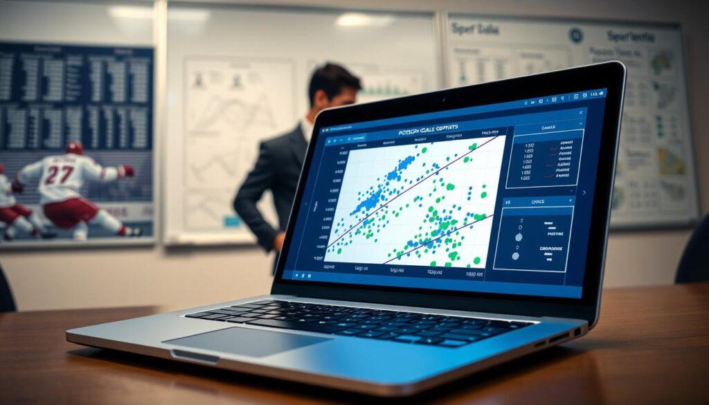 A dynamic visualization of "Poisson goals points" represented as a vibrant scatter plot on a digital screen, with blue and green points illustrating goal data points overlaid on a grid. In the foreground, a sleek laptop with analytical software open, showing regression curves and statistical models in a professional office setting. The middle ground features a human figure, dressed in business attire, deep in thought while analyzing the data, their silhouette illuminated by the glow of the laptop screen. The background consists of a blurred whiteboard filled with sports data, charts, and diagrams, creating an atmosphere of analytical focus and professionalism. The lighting is soft yet focused, enhancing the clarity of the screen while giving a sense of urgency and purpose. A dynamic visualization of "Poisson goals points" represented as a vibrant scatter plot on a digital screen, with blue and green points illustrating goal data points overlaid on a grid. In the foreground, a sleek laptop with analytical software open, showing regression curves and statistical models in a professional office setting. The middle ground features a human figure, dressed in business attire, deep in thought while analyzing the data, their silhouette illuminated by the glow of the laptop screen. The background consists of a blurred whiteboard filled with sports data, charts, and diagrams, creating an atmosphere of analytical focus and professionalism. The lighting is soft yet focused, enhancing the clarity of the screen while giving a sense of urgency and purpose.
