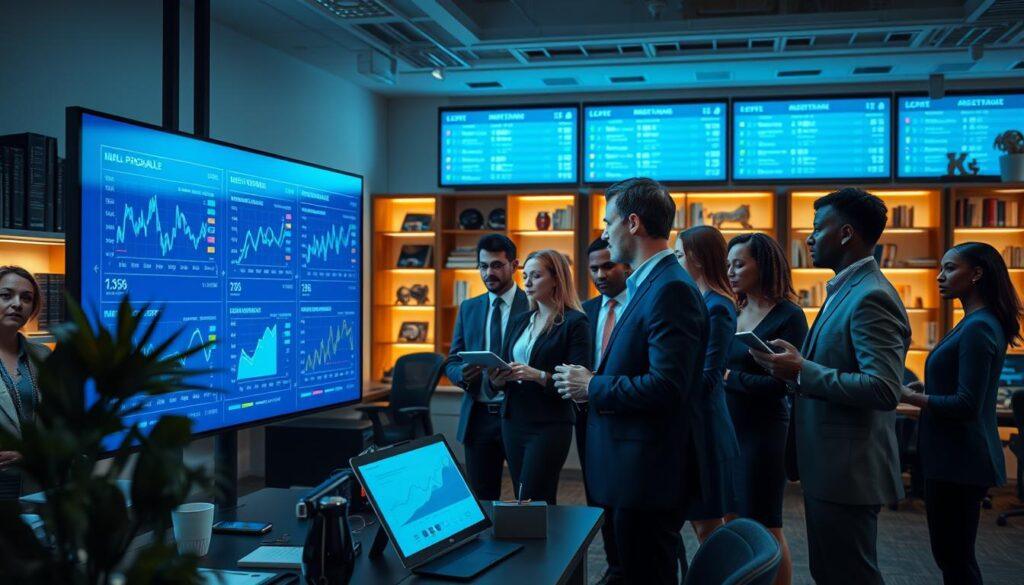 A high-tech office environment illustrating the concept of implied probability in sports betting. In the foreground, a digital display screen shows vibrant graphs and charts of various sports matchups and their calculated probabilities, glowing softly with a blue hue. In the middle, a group of diverse professional analysts, dressed in smart business attire, collaboratively discussing the results, with some taking notes on tablets. The background features shelves lined with analytical books and sports memorabilia, illuminated by warm, indirect lighting that creates a focused yet inviting atmosphere. The camera angle is slightly elevated, providing a comprehensive view of the scene, emphasizing teamwork and high-stakes decision-making in sports analytics. The overall mood is dynamic and innovative, capturing the essence of data-driven sports predictions. A high-tech office environment illustrating the concept of implied probability in sports betting. In the foreground, a digital display screen shows vibrant graphs and charts of various sports matchups and their calculated probabilities, glowing softly with a blue hue. In the middle, a group of diverse professional analysts, dressed in smart business attire, collaboratively discussing the results, with some taking notes on tablets. The background features shelves lined with analytical books and sports memorabilia, illuminated by warm, indirect lighting that creates a focused yet inviting atmosphere. The camera angle is slightly elevated, providing a comprehensive view of the scene, emphasizing teamwork and high-stakes decision-making in sports analytics. The overall mood is dynamic and innovative, capturing the essence of data-driven sports predictions.