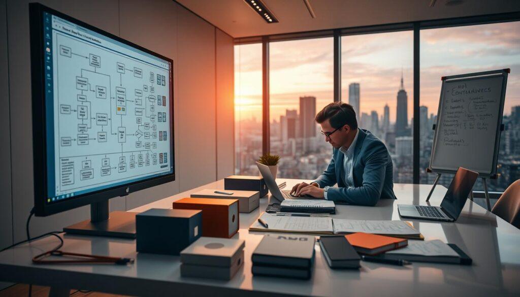 A modern, high-tech workspace featuring a computer screen displaying intricate flowcharts and diagrams of a "modeling service container workflow". In the foreground, a professional wearing business attire is focused on their work, typing on a laptop surrounded by notebooks and digital sketches. The middle ground shows a sleek table with various tools, including containers, laptops, and a whiteboard filled with notes on dependency management and analytics. The background features a minimalist office setting with soft, warm lighting, highlighting a large window with a view of a city skyline at dusk, creating a productive and innovative atmosphere. The scene conveys ambition and technical prowess, inviting engagement in the realm of analytics and workflow.