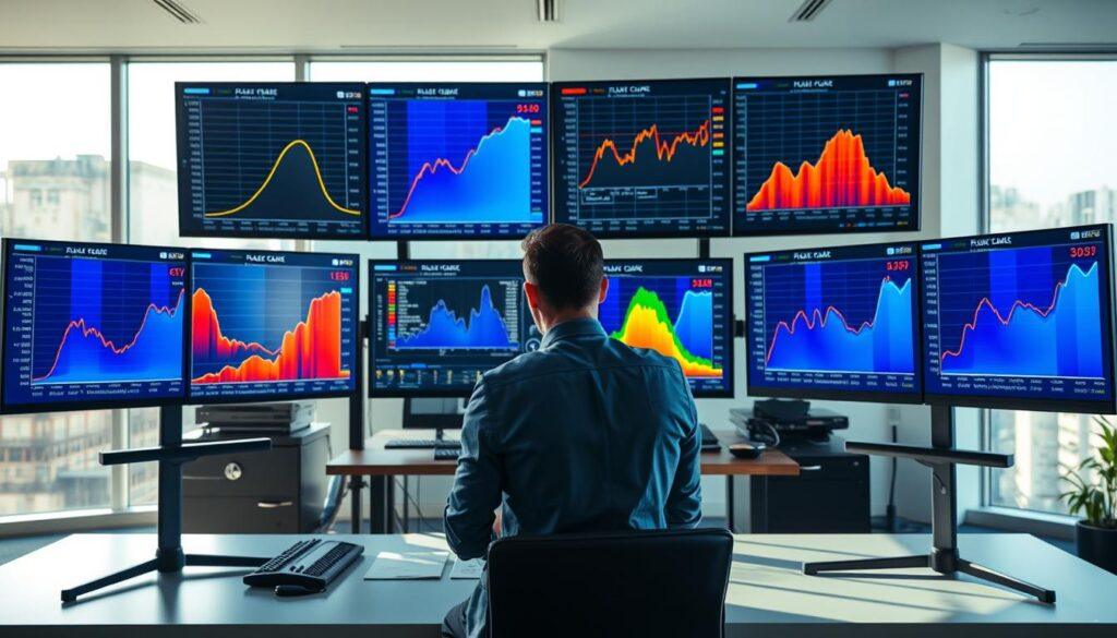 A modern office environment showcasing a multi-screen workstation filled with intricate data visualizations reflecting "walk forward analysis reporting." In the foreground, vivid equity curve heatmaps and CLV distributions are displayed prominently on the screens, featuring vibrant colors like deep blues and bright oranges to illustrate performance. In the middle ground, a professional individual in business attire, focused and analyzing the screens, is seated at the desk with analytical tools around them. The background shows a sleek, minimalist office with soft, natural lighting streaming in from large windows, casting gentle shadows that enhance the analytical atmosphere. The overall mood is one of intense focus and professionalism, embodying a data-driven approach to betting strategies. A modern office environment showcasing a multi-screen workstation filled with intricate data visualizations reflecting "walk forward analysis reporting." In the foreground, vivid equity curve heatmaps and CLV distributions are displayed prominently on the screens, featuring vibrant colors like deep blues and bright oranges to illustrate performance. In the middle ground, a professional individual in business attire, focused and analyzing the screens, is seated at the desk with analytical tools around them. The background shows a sleek, minimalist office with soft, natural lighting streaming in from large windows, casting gentle shadows that enhance the analytical atmosphere. The overall mood is one of intense focus and professionalism, embodying a data-driven approach to betting strategies.