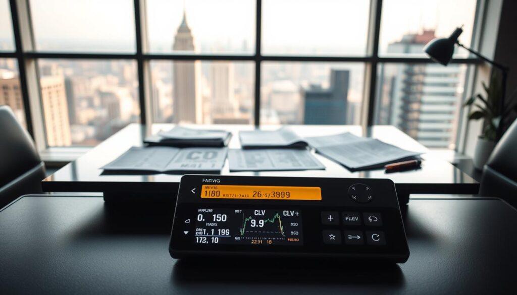 A sleek, modern workspace featuring a zero vig fair line calculator on a stylish contemporary desk. In the foreground, the calculator is digital with a bright, illuminated screen displaying various odds and conversion metrics, including implied probability, EV, and CLV, alongside some simple chart visuals. In the middle ground, a few well-organized worksheets and betting odds sheets are spread across the desk, all neatly arranged. The background includes a large window showing a cityscape bathed in soft, natural lighting to convey a productive atmosphere. The overall mood is professional and focused, ideal for someone engaged in serious analytical work in the field of sports betting and finance. The image should be crisp and clear, shot at a slight angle to create depth. A sleek, modern workspace featuring a zero vig fair line calculator on a stylish contemporary desk. In the foreground, the calculator is digital with a bright, illuminated screen displaying various odds and conversion metrics, including implied probability, EV, and CLV, alongside some simple chart visuals. In the middle ground, a few well-organized worksheets and betting odds sheets are spread across the desk, all neatly arranged. The background includes a large window showing a cityscape bathed in soft, natural lighting to convey a productive atmosphere. The overall mood is professional and focused, ideal for someone engaged in serious analytical work in the field of sports betting and finance. The image should be crisp and clear, shot at a slight angle to create depth.