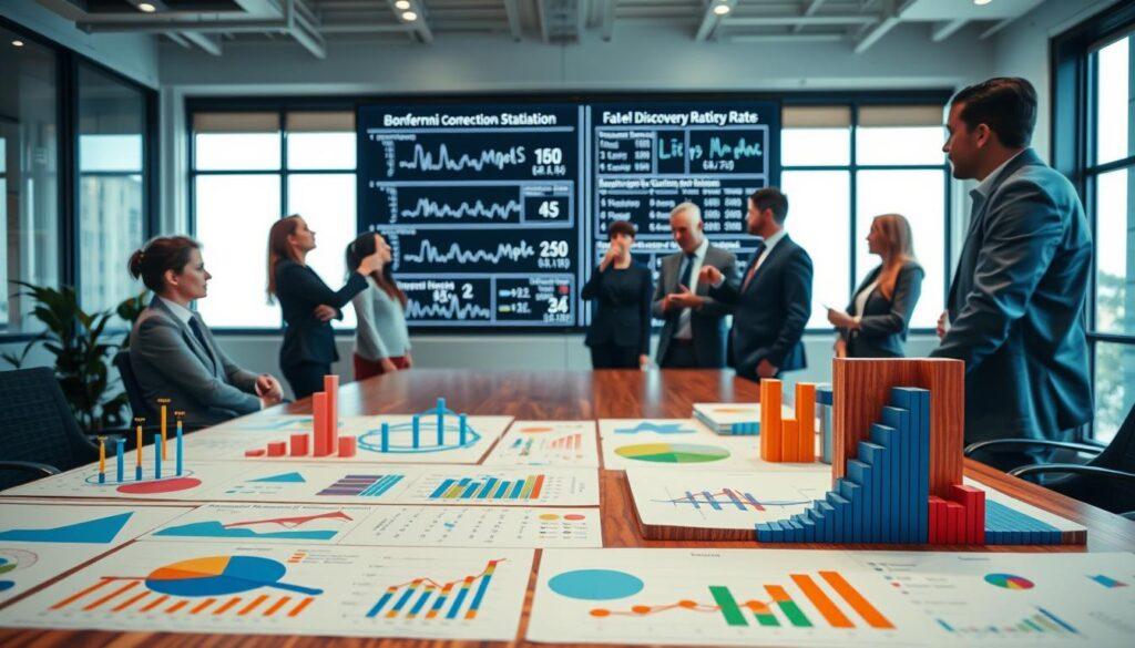 A visually captivating scene depicting the concept of p-hacking and statistical analysis in data science. In the foreground, a detailed, wooden table showcases an array of colorful charts, graphs, and scatter plots related to statistical analysis, emphasizing comparisons and data manipulation. In the middle background, a diverse group of professionals, dressed in smart business attire, are engaged in animated discussion, pointing at a large digital screen displaying complex statistical models, including the Bonferroni correction and false discovery rates. The environment is a modern, well-lit office, with soft, natural light coming through large windows, creating a productive and analytical atmosphere. The camera angle is slightly elevated, capturing both the intense focus on the screens and the vibrant collaboration among the team. A visually captivating scene depicting the concept of p-hacking and statistical analysis in data science. In the foreground, a detailed, wooden table showcases an array of colorful charts, graphs, and scatter plots related to statistical analysis, emphasizing comparisons and data manipulation. In the middle background, a diverse group of professionals, dressed in smart business attire, are engaged in animated discussion, pointing at a large digital screen displaying complex statistical models, including the Bonferroni correction and false discovery rates. The environment is a modern, well-lit office, with soft, natural light coming through large windows, creating a productive and analytical atmosphere. The camera angle is slightly elevated, capturing both the intense focus on the screens and the vibrant collaboration among the team.