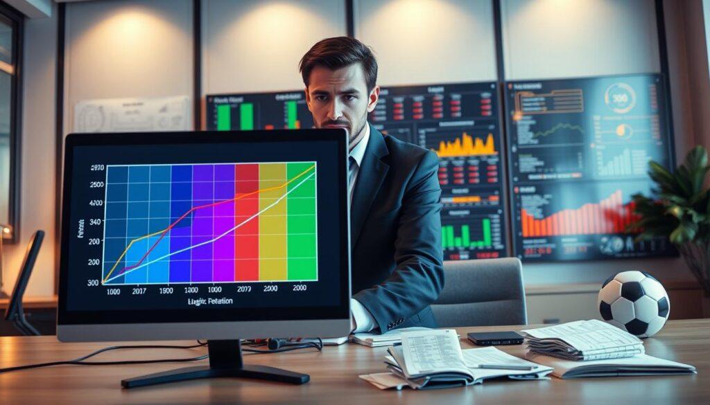 A visually striking illustration of logistic regression applied to sports betting, set in a modern office environment. In the foreground, a computer screen displays a colorful logistic regression graph with clearly defined curves and data points, symbolizing probabilities transforming into fair odds. The middle layer features a focused professional in business attire, analyzing the data with a thoughtful expression, surrounded by sports betting paraphernalia like betting slips and a soccer ball. The background showcases a wall-mounted digital dashboard filled with statistics and charts, illuminated by soft, ambient lighting, creating an analytical yet dynamic atmosphere. A wide-angle perspective emphasizes the interaction between the individual and the data, bringing a sense of depth to the scene. A visually striking illustration of logistic regression applied to sports betting, set in a modern office environment. In the foreground, a computer screen displays a colorful logistic regression graph with clearly defined curves and data points, symbolizing probabilities transforming into fair odds. The middle layer features a focused professional in business attire, analyzing the data with a thoughtful expression, surrounded by sports betting paraphernalia like betting slips and a soccer ball. The background showcases a wall-mounted digital dashboard filled with statistics and charts, illuminated by soft, ambient lighting, creating an analytical yet dynamic atmosphere. A wide-angle perspective emphasizes the interaction between the individual and the data, bringing a sense of depth to the scene.