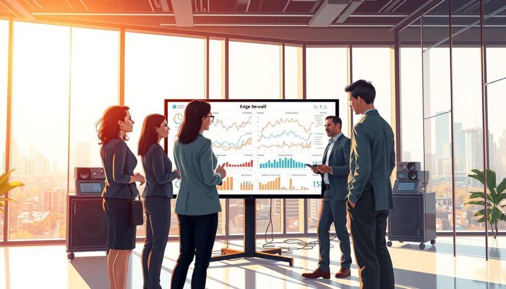 A detailed illustration of "edge decay analysis" showcasing a modern office environment. In the foreground, a diverse group of professionals in business attire—two women and one man—are engaged in a discussion around a large digital screen displaying complex graphs and decay patterns. The middle ground features high-tech computing equipment and visible charts illustrating data trends, with a clear focus on edge decay metrics. In the background, large windows reveal a city skyline, with warm afternoon sunlight streaming in, creating a vibrant atmosphere. The scene is captured from a slight low angle, emphasizing the interaction between team members. The overall mood conveys collaboration, innovation, and analytical depth, ideal for a professional article. A detailed illustration of "edge decay analysis" showcasing a modern office environment. In the foreground, a diverse group of professionals in business attire—two women and one man—are engaged in a discussion around a large digital screen displaying complex graphs and decay patterns. The middle ground features high-tech computing equipment and visible charts illustrating data trends, with a clear focus on edge decay metrics. In the background, large windows reveal a city skyline, with warm afternoon sunlight streaming in, creating a vibrant atmosphere. The scene is captured from a slight low angle, emphasizing the interaction between team members. The overall mood conveys collaboration, innovation, and analytical depth, ideal for a professional article.