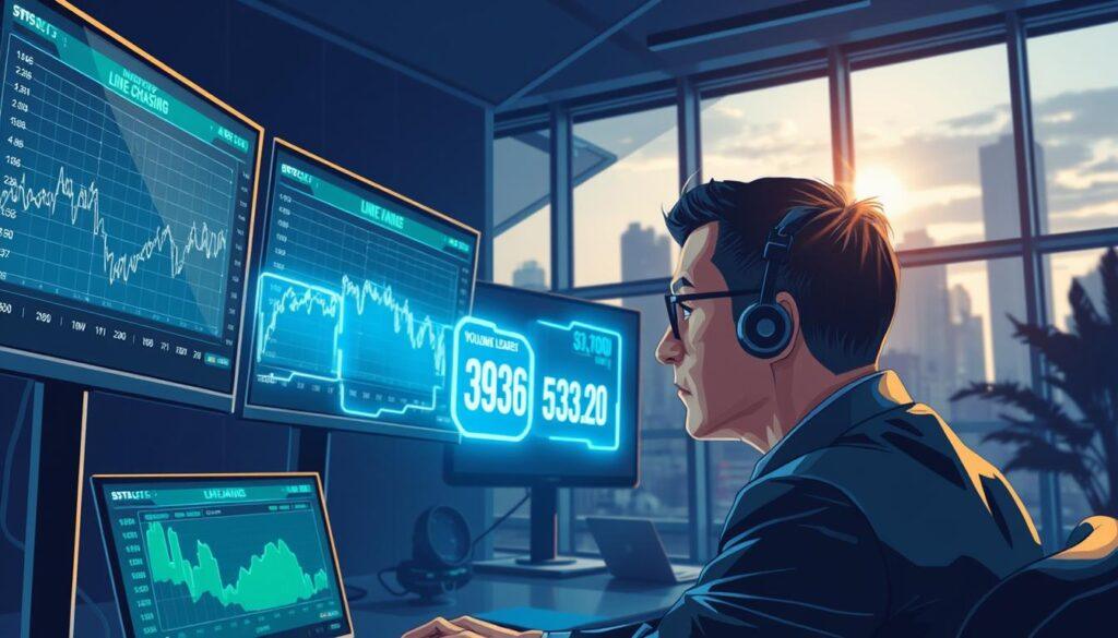 A digital illustration depicting a high-tech betting analysis environment. In the foreground, a professional analyst in business attire focuses intently on multiple screens displaying statistical graphs and line movements, symbolizing "steam chasing". In the middle, abstract representations of injury news flashes and volume leader statistics appear as glowing icons hovering beside the screens. The background features a sleek, modern office with floor-to-ceiling windows, casting dynamic shadows from the evening sun, enhancing the analytical atmosphere. The scene is illuminated with a cool blue light, highlighting data points and creating a sense of urgency and strategy. The overall mood conveys intensity and concentration in the world of sports betting, emphasizing the analytical process.