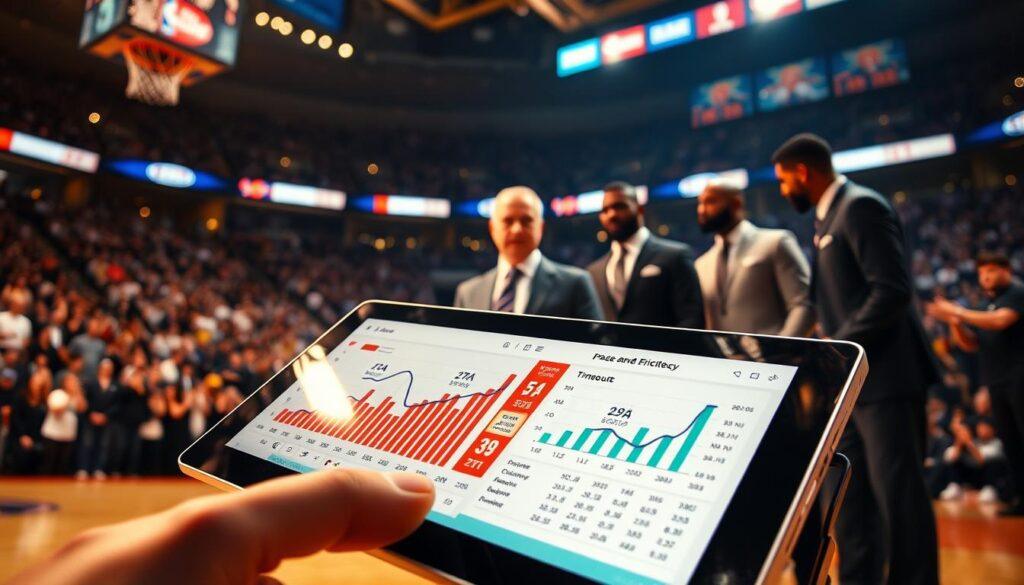 A dynamic scene illustrating an NBA live betting strategy focusing on pace and efficiency shifts after timeouts. In the foreground, show a close-up of a detailed digital tablet displaying live game statistics, with graphs representing pace and efficiency shifts. In the middle, depict a basketball coach animatedly discussing strategies with professional players in sleek uniforms, embodying focus and teamwork. In the background, the blurred outline of a basketball arena filled with cheering fans, illuminated by vibrant arena lights. The camera angle should be slightly tilted to create a sense of action and urgency, while warm lighting casts an energetic atmosphere. The overall mood should convey excitement and strategic engagement within the fast-paced world of NBA live betting.