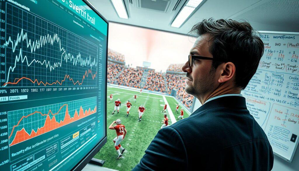 A dynamic sports analytics environment illustrating the concept of "overfitting" in sports models. In the foreground, a focused analyst in professional business attire scrutinizes a large, complex data visualization screen filled with erratic performance graphs, highlighting outlier data points. In the middle, a virtual sports field displays animated players with exaggerated stats and unpredictable movements, symbolizing model inaccuracies. In the background, a whiteboard filled with chaotic notes and formulas related to recent COVID schedule irregularities and weather impacts creates a sense of organized chaos. The lighting is bright but slightly harsh, reminiscent of a high-tech lab setting, with a wide-angle lens effect giving depth to the scene. The atmosphere is intense yet analytical, emphasizing the challenges of predictability in sports markets. A dynamic sports analytics environment illustrating the concept of "overfitting" in sports models. In the foreground, a focused analyst in professional business attire scrutinizes a large, complex data visualization screen filled with erratic performance graphs, highlighting outlier data points. In the middle, a virtual sports field displays animated players with exaggerated stats and unpredictable movements, symbolizing model inaccuracies. In the background, a whiteboard filled with chaotic notes and formulas related to recent COVID schedule irregularities and weather impacts creates a sense of organized chaos. The lighting is bright but slightly harsh, reminiscent of a high-tech lab setting, with a wide-angle lens effect giving depth to the scene. The atmosphere is intense yet analytical, emphasizing the challenges of predictability in sports markets.