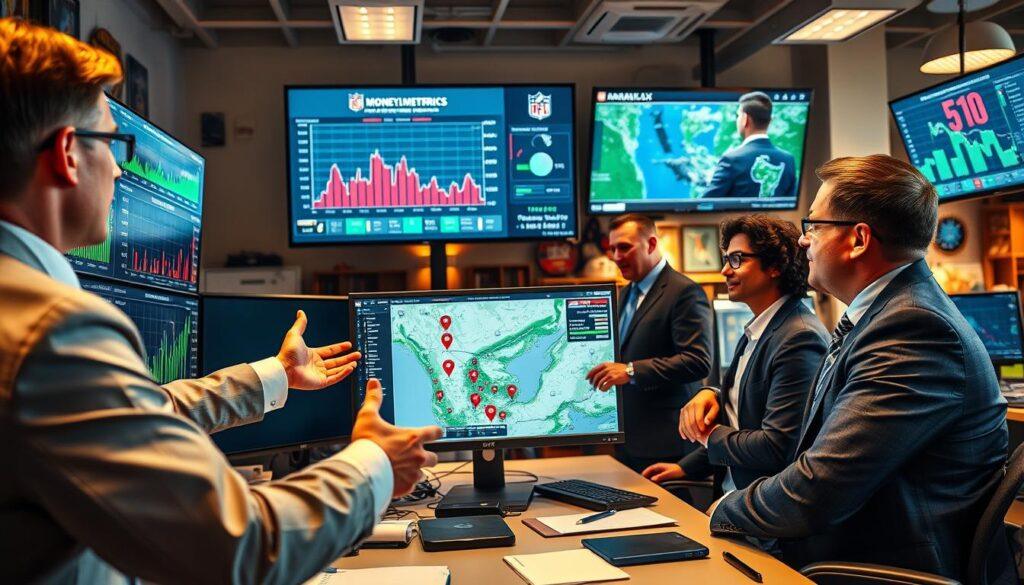 A dynamic sports analytics office environment with several professionals in business attire collaborating over data displayed on multiple screens. In the foreground, an analyst gestures towards a large screen showing NFL moneyline trends, trench metrics, and a weather nowcast overlay, represented with vibrant graphs and icons. The middle layer features a team discussing strategies, with one pointing at a weather map visually connecting to NFL game outcomes. The background includes a busy office filled with sports memorabilia and digital displays, illuminated by warm overhead lighting to create a focused, energetic atmosphere. The perspective is slightly angled to capture depth, suggesting a hub of intense data analysis and decision-making, aiming to convey the excitement of strategic wins in the NFL landscape. A dynamic sports analytics office environment with several professionals in business attire collaborating over data displayed on multiple screens. In the foreground, an analyst gestures towards a large screen showing NFL moneyline trends, trench metrics, and a weather nowcast overlay, represented with vibrant graphs and icons. The middle layer features a team discussing strategies, with one pointing at a weather map visually connecting to NFL game outcomes. The background includes a busy office filled with sports memorabilia and digital displays, illuminated by warm overhead lighting to create a focused, energetic atmosphere. The perspective is slightly angled to capture depth, suggesting a hub of intense data analysis and decision-making, aiming to convey the excitement of strategic wins in the NFL landscape.