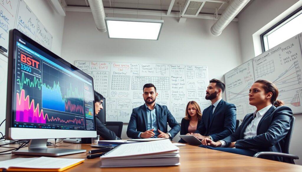 A dynamic sports analytics workspace filled with data visualizations and charts depicting p-hacking trends in sports analysis. In the foreground, a computer screen displays colorful graphs showing deceptive statistical findings alongside a notepad filled with strategic notes. The middle ground includes a diverse group of professionals in business attire, analyzing data together, engaging in discussion with serious expressions. The background features a whiteboard filled with complex algorithms and sports statistics, illuminated by overhead bright, focused lighting. A large window lets in natural light, creating an atmosphere of intense concentration and collaboration. The perspective is slightly angled to capture the details of the workspace while maintaining clarity on the subjects and visuals involved in sports analytics. A dynamic sports analytics workspace filled with data visualizations and charts depicting p-hacking trends in sports analysis. In the foreground, a computer screen displays colorful graphs showing deceptive statistical findings alongside a notepad filled with strategic notes. The middle ground includes a diverse group of professionals in business attire, analyzing data together, engaging in discussion with serious expressions. The background features a whiteboard filled with complex algorithms and sports statistics, illuminated by overhead bright, focused lighting. A large window lets in natural light, creating an atmosphere of intense concentration and collaboration. The perspective is slightly angled to capture the details of the workspace while maintaining clarity on the subjects and visuals involved in sports analytics.