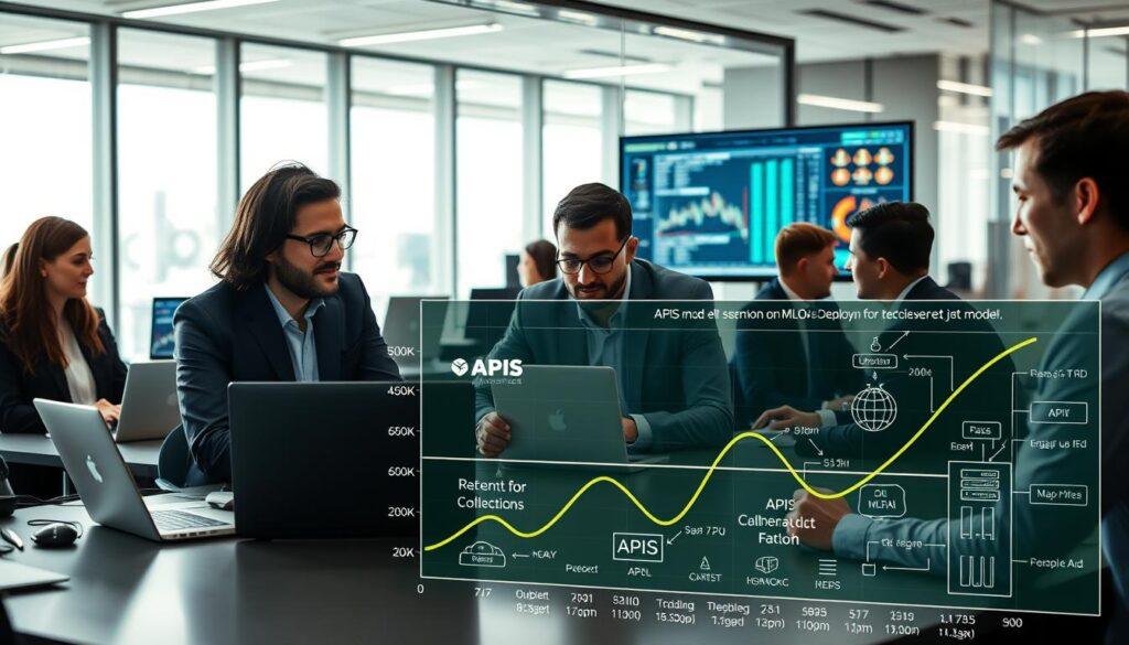 A high-tech scene depicting a professional workspace focused on MLOps deployment for betting models. In the foreground, a diverse team of data scientists and software engineers in professional business attire collaborate over laptops, analyzing data visualizations on large screens. The middle ground features a clear graph illustrating APIs and batch output latency budgets, filled with technical schematics and diagrams. In the background, a modern office with glass walls allows natural light to flood the space, enhancing a dynamic atmosphere of innovation and precision. The lighting is bright and focused on the screens, emphasizing clarity and urgency. The overall mood is one of collaboration, professionalism, and cutting-edge technology in the fintech industry.