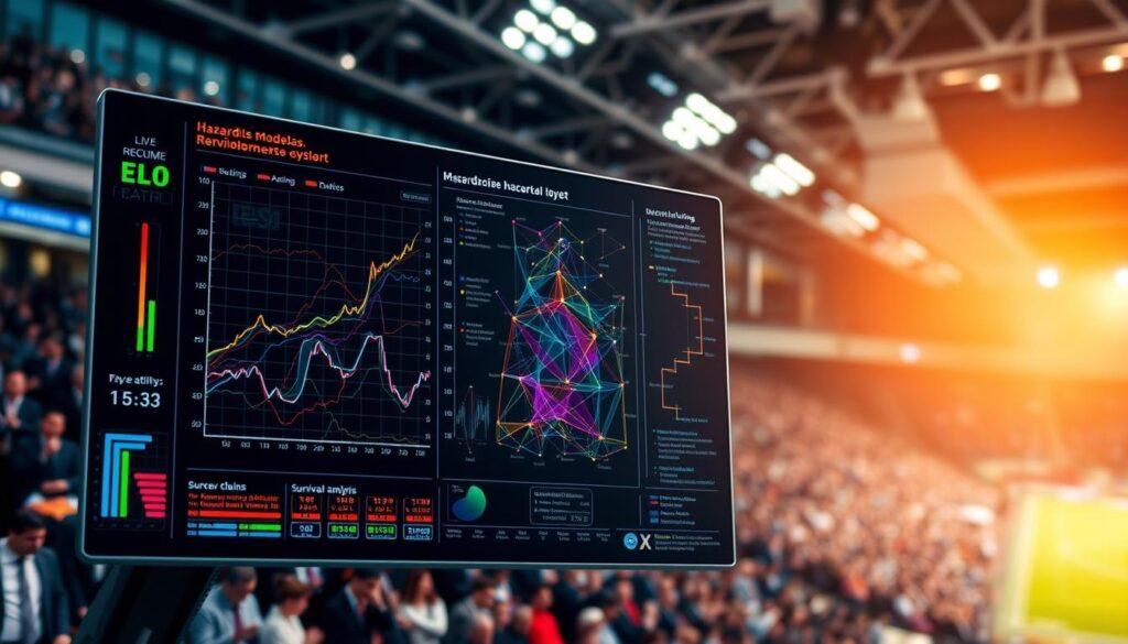 A high-tech visualization of hazard models in the context of live betting, featuring intricate graphs and flow diagrams representing Markov chains and survival analysis. In the foreground, a sleek digital interface displays real-time ELO ratings and advanced statistical data. The middle section includes abstract representations of probabilities and decision trees, created with vibrant colors to convey complexity. The background shows a blurred sports arena filled with spectators in professional business attire, creating an engaging atmosphere of excitement and tension. The lighting is bright and focused, emphasizing the data while casting soft shadows. The image captures a blend of analytical rigor and dynamic energy, appealing to both technical and sports audiences.