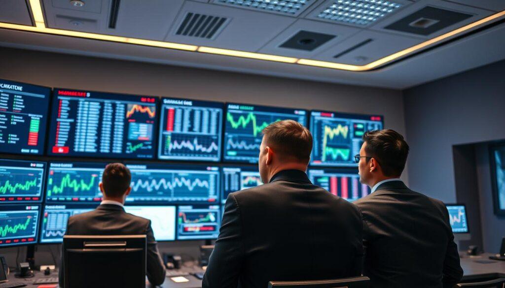 A modern control room focused on live betting models, featuring multiple screens displaying real-time data feeds and analytics. In the foreground, a diverse group of three analysts in smart business attire closely monitors the live betting streams, analyzing statistics and latency metrics. The middle section showcases large, high-resolution monitors with dynamic charts and graphs indicating data synchronization strategies. The background reveals a sleek, high-tech environment with soft, ambient lighting that creates a professional atmosphere, enhancing the focus on the screens. The angle is slightly elevated, allowing for a comprehensive view of the analysts and the high-tech displays, emphasizing precision and attention to detail in live data processing.