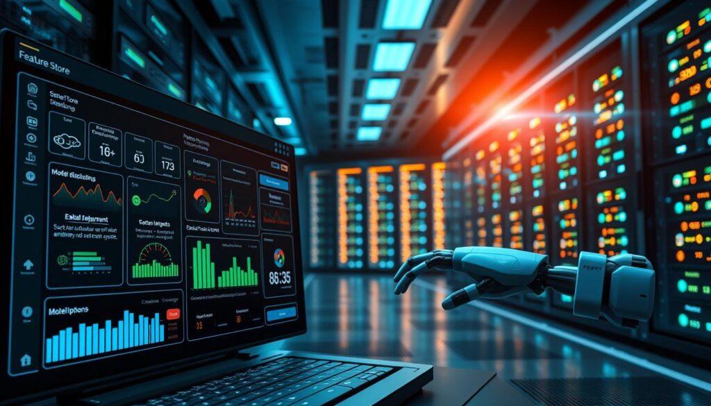 A modern, high-tech feature store visualization set in a sleek, digital environment. In the foreground, display an advanced user interface showcasing various data pipelines and model deployment options, with visual metrics indicating performance and accuracy. In the middle ground, feature robotic hands manipulating data inputs, symbolizing the integration of offline and online data sources, and ensuring point-in-time correctness. In the background, create a futuristic server room filled with illuminated data storage units, pulsing softly with blue and green lights, representing data flow and connectivity. Use soft ambient lighting to give a professional atmosphere and a slight lens flare effect for added depth. The overall mood should convey innovation, reliability, and efficiency in data management.