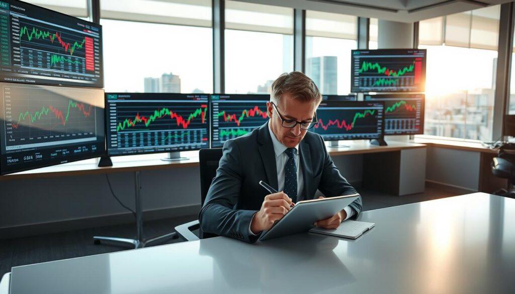 A professional sports analyst in a modern, well-lit office, sitting at a sleek desk surrounded by multiple screens displaying graphs, data, and sports betting odds. In the foreground, a focused individual in business attire analyzes trends, jotting notes on a digital tablet. In the middle, vibrant line graphs illustrate market movements related to sports betting, with highlighted areas indicating "Closing Line Value" (CLV). The background features a large window showcasing a bustling cityscape, symbolizing the dynamic nature of the betting market. Soft, natural light floods the room, creating an atmosphere of intensity and insight. The camera angle is slightly above eye level, emphasizing the analyst's concentration and the complexity of the data in front of them.