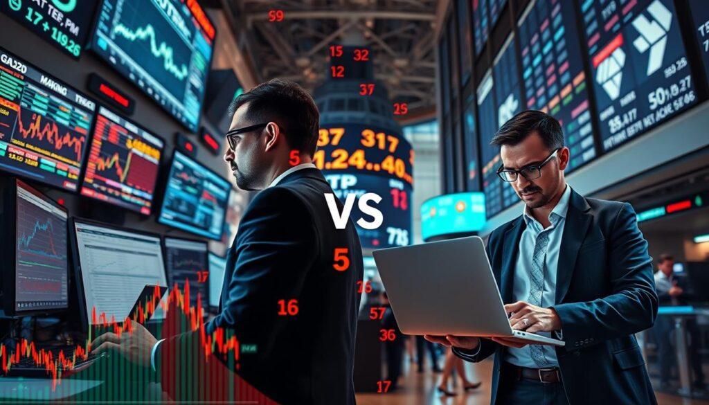 A split scene illustrating "market making vs taking" in a financial context. In the foreground, depict two professional traders; one dressed in a crisp suit representing market makers, analyzing data on multiple screens, with graphs displaying liquidity and price fluctuations. The other trader, in smart casual attire, represents market takers, actively placing trades on a sleek laptop surrounded by floating digital numbers reflecting market volatility. The middle ground features active stock market charts, vivid spikes and dips illustrating slippage and reject rates. In the background, a modern stock exchange with glowing LED displays and bustling activity captures the essence of limit fragmentation across books. Use bright, dynamic lighting to convey urgency and excitement, with a wide-angle view to encompass the bustling environment and emphasize the contrast between the two trading philosophies.