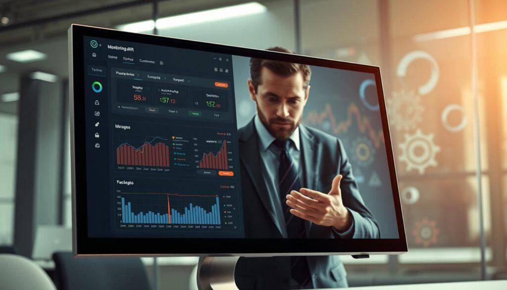A visual representation of "monitoring drift" in the context of MLOps for betting models. In the foreground, display a sleek, modern computer monitor showcasing a dynamic dashboard with graphical representations of model performance, trends, and alert notifications. The middle layer features a professional, business-attired individual analyzing the data intently, with focused expressions and gestures suggesting deep concentration. The background should depict a high-tech office environment with abstract elements symbolizing continuous integration and deployment—flowing code, gears, and visualizations of testing frameworks. Use soft, ambient lighting to create a productive atmosphere, with a slight spotlight on the screen for emphasis. The overall mood should be one of diligence and innovation, capturing the essence of rigorous testing and live deployments in a sophisticated workspace.