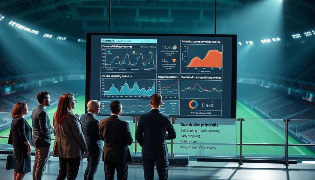 A visually striking and informative scene portraying the concept of "Guardrails in sports betting models." In the foreground, a diverse group of professionals in business attire is collaborating around a large, high-tech digital display showing various graphs and charts related to model performance, featuring elements like cross-validation curves and regularization metrics. The middle ground includes a clear visual representation of guardrails symbolizing safeguards, such as barriers made of transparent material, representing the principles of early stopping and feature caps. The background features an ambiguous, dimly lit sports arena with a subtle green hue, creating an analytical atmosphere. The lighting is bright and focused on the display, casting soft shadows to emphasize the action. Overall, the image conveys a sense of professionalism, collaboration, and meticulous strategy in sports betting analytics. A visually striking and informative scene portraying the concept of "Guardrails in sports betting models." In the foreground, a diverse group of professionals in business attire is collaborating around a large, high-tech digital display showing various graphs and charts related to model performance, featuring elements like cross-validation curves and regularization metrics. The middle ground includes a clear visual representation of guardrails symbolizing safeguards, such as barriers made of transparent material, representing the principles of early stopping and feature caps. The background features an ambiguous, dimly lit sports arena with a subtle green hue, creating an analytical atmosphere. The lighting is bright and focused on the display, casting soft shadows to emphasize the action. Overall, the image conveys a sense of professionalism, collaboration, and meticulous strategy in sports betting analytics.