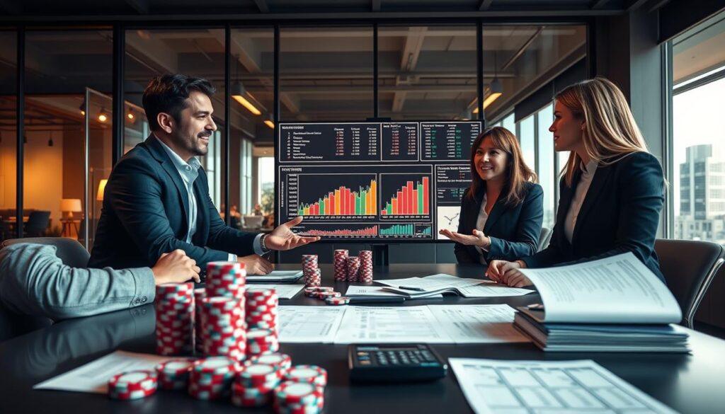 A professional setting showcasing a strategy session on bankroll sizing using the Kelly criterion. In the foreground, a diverse group of three business professionals, one male and two females, are engaged in animated discussion over a large table filled with stacks of poker chips, spreadsheets detailing betting strategies, and a calculator. In the middle ground, a large digital screen displays graphs and tables illustrating liquidity across various betting venues. In the background, a stylish office with large windows provides a view of a bustling cityscape, hinting at a vibrant atmosphere. Soft, warm lighting enhances focus on the participants, while a shallow depth of field brings the subjects into sharp relief against a softly blurred background. The overall mood conveys excitement and strategic planning. A professional setting showcasing a strategy session on bankroll sizing using the Kelly criterion. In the foreground, a diverse group of three business professionals, one male and two females, are engaged in animated discussion over a large table filled with stacks of poker chips, spreadsheets detailing betting strategies, and a calculator. In the middle ground, a large digital screen displays graphs and tables illustrating liquidity across various betting venues. In the background, a stylish office with large windows provides a view of a bustling cityscape, hinting at a vibrant atmosphere. Soft, warm lighting enhances focus on the participants, while a shallow depth of field brings the subjects into sharp relief against a softly blurred background. The overall mood conveys excitement and strategic planning.