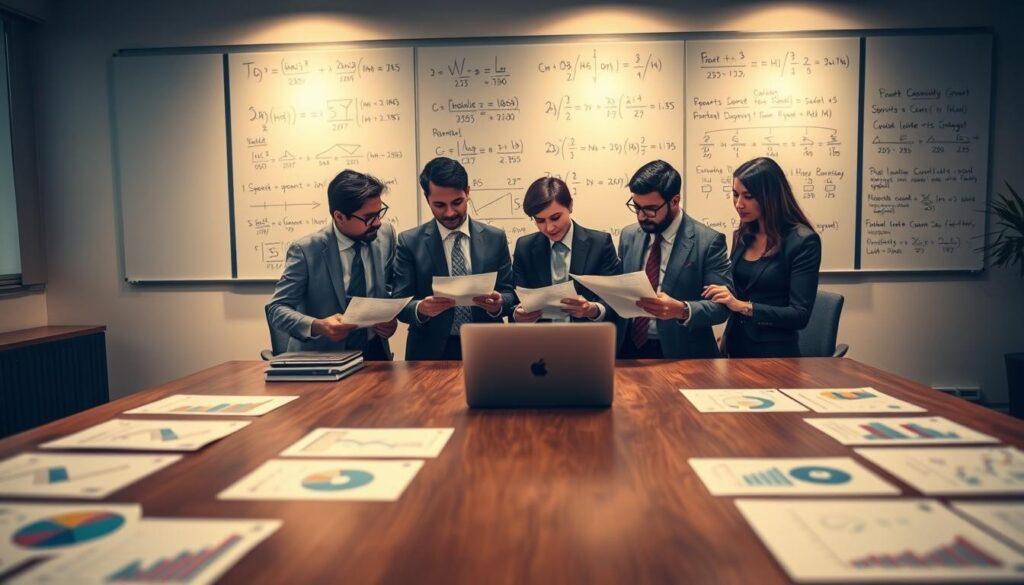 A sophisticated office setting with a large wooden table in the foreground, adorned with charts and graphs depicting sports betting strategies. In the middle, a diverse group of four professionals, dressed in business attire, are engaged in an intense discussion, analyzing data on laptops and papers about the fractional Kelly strategy. The backdrop features a large whiteboard filled with mathematical equations and risk assessments. Soft, warm lighting illuminates the scene, creating a focused and professional atmosphere. A slight depth-of-field effect blurs the background slightly, emphasizing the engaged professionals. The overall mood conveys critical analysis and strategic thinking, reflecting the high-stakes nature of sports betting when dealing with model errors and variance. A sophisticated office setting with a large wooden table in the foreground, adorned with charts and graphs depicting sports betting strategies. In the middle, a diverse group of four professionals, dressed in business attire, are engaged in an intense discussion, analyzing data on laptops and papers about the fractional Kelly strategy. The backdrop features a large whiteboard filled with mathematical equations and risk assessments. Soft, warm lighting illuminates the scene, creating a focused and professional atmosphere. A slight depth-of-field effect blurs the background slightly, emphasizing the engaged professionals. The overall mood conveys critical analysis and strategic thinking, reflecting the high-stakes nature of sports betting when dealing with model errors and variance.