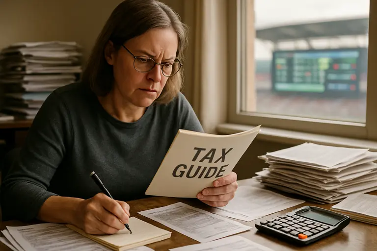 Betting records, tax forms, and a calculator arranged on a desk