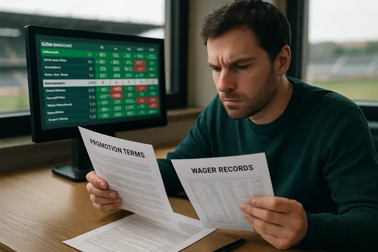 Bettor reviewing promotion terms and wager records at a desk