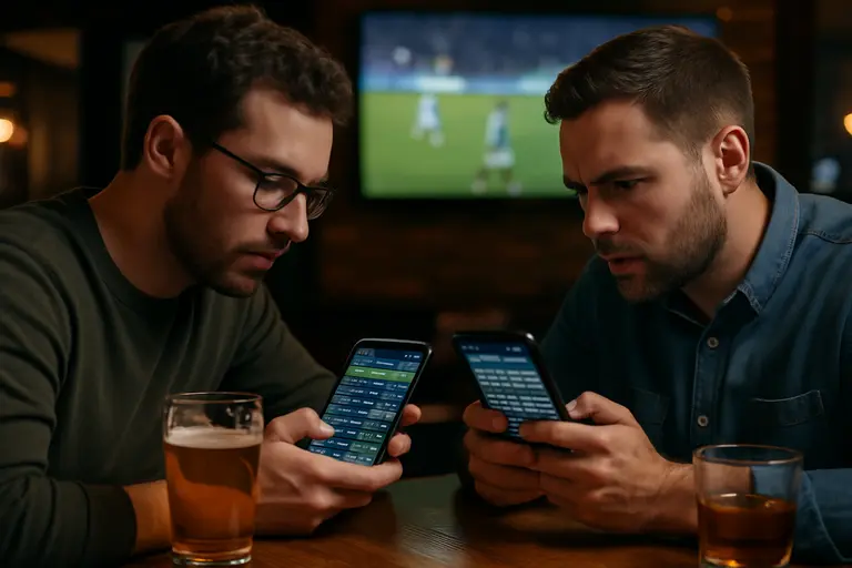 Multiple devices showing soccer match data and sportsbook menus for comparison
