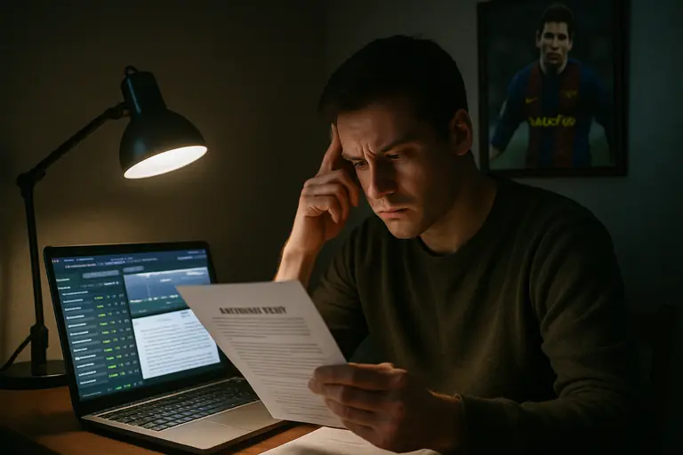 Person reviewing sportsbook account rules and payment notes at a desk
