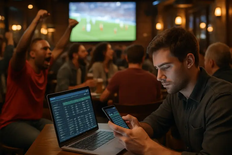 Live sports market screen beside a clock and trading notes