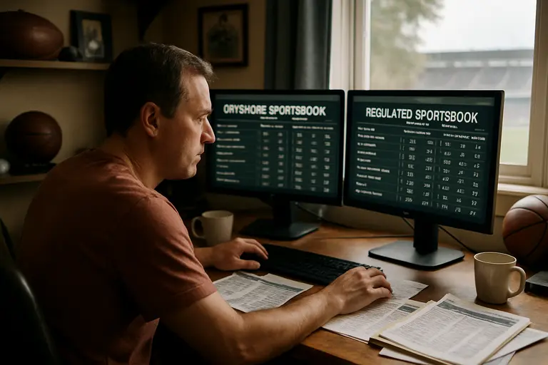 Two betting account dashboards compared on a laptop with notes beside them