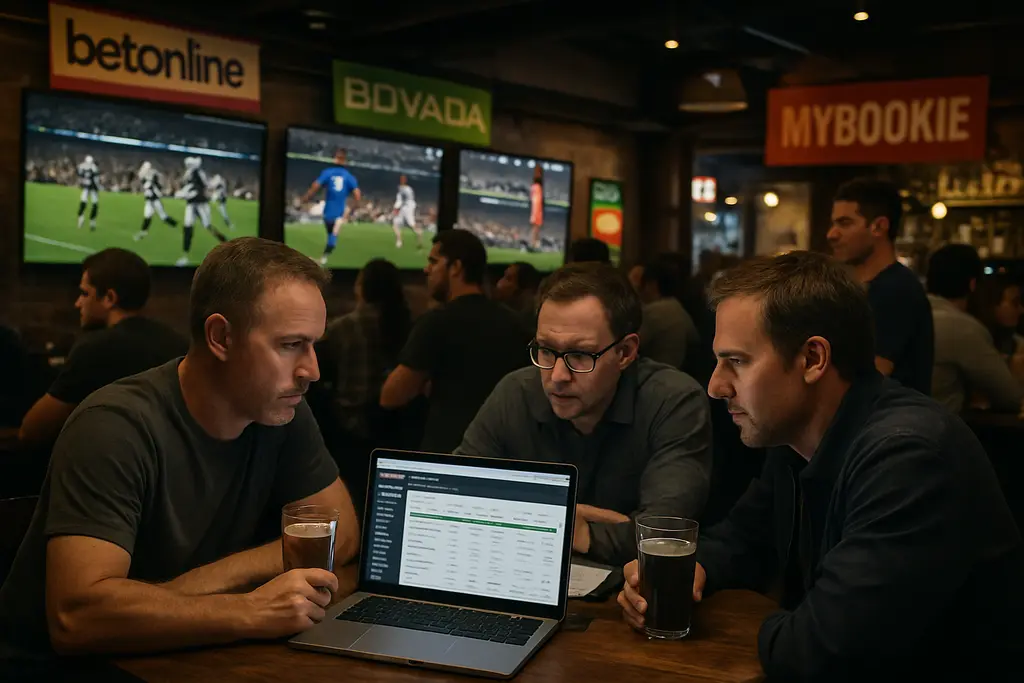 Offshore Sportsbooks comparison screen with betting markets and legal notes on a desk