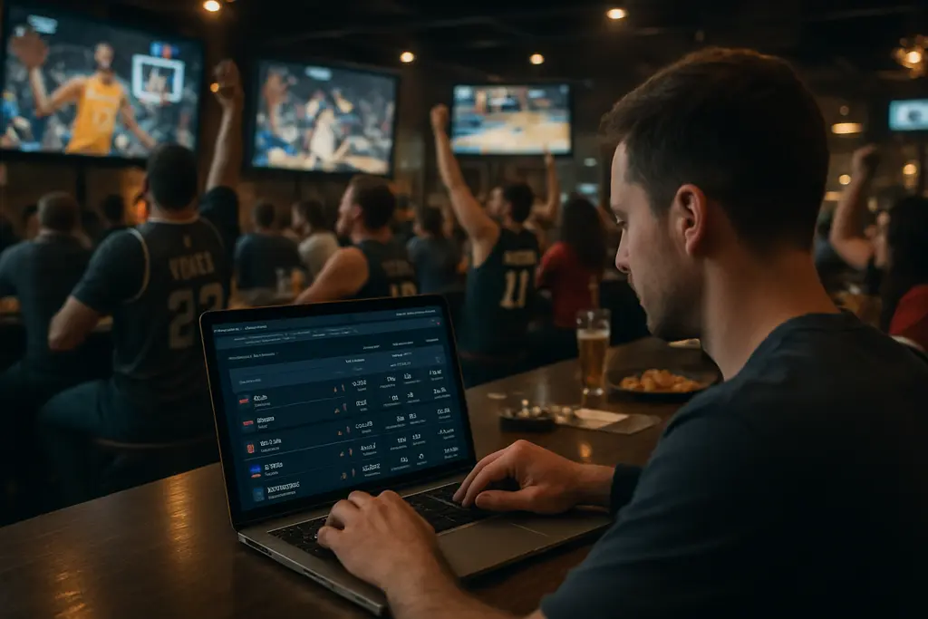 Live Betting Efficiency dashboard beside an NBA court as a bettor compares prop depth