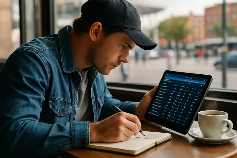 Notebook with NFL market checks beside a laptop showing line movement